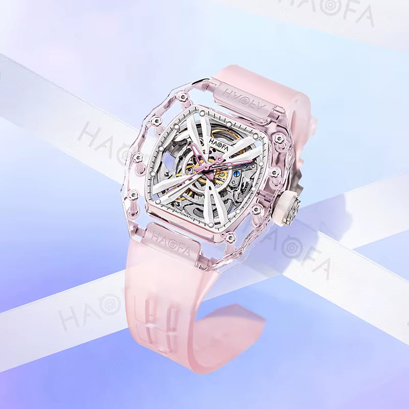 Haofa Crystal Automatic Mechanical Watch for Women Transparent Movement Hollow Luminous Luxury Ladies Watch 2302