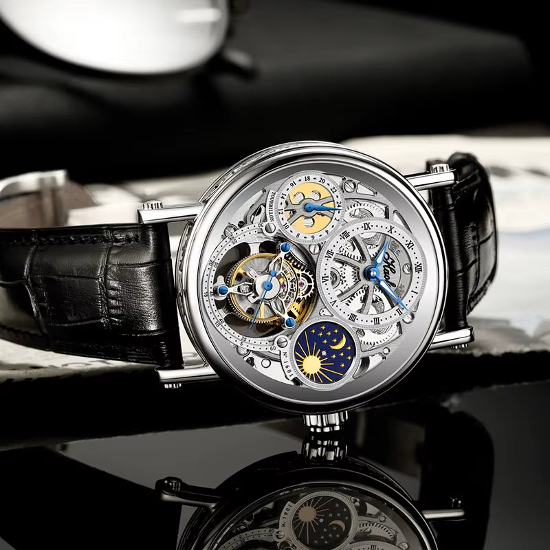 Haofa GMT Skeleton Tourbillon Mechanical Man Watch Manual Movement Luminous Day and Night Watches for Man Luxury 1601