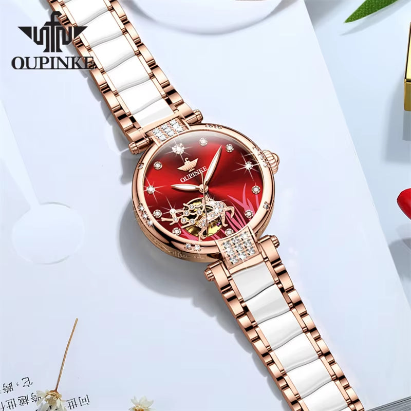 Mechanical Watch for Women Luxury Top Brand Stainless Steel Ceramic Strap Rose Gold Diamond Ladies Watches Reloj Mujer