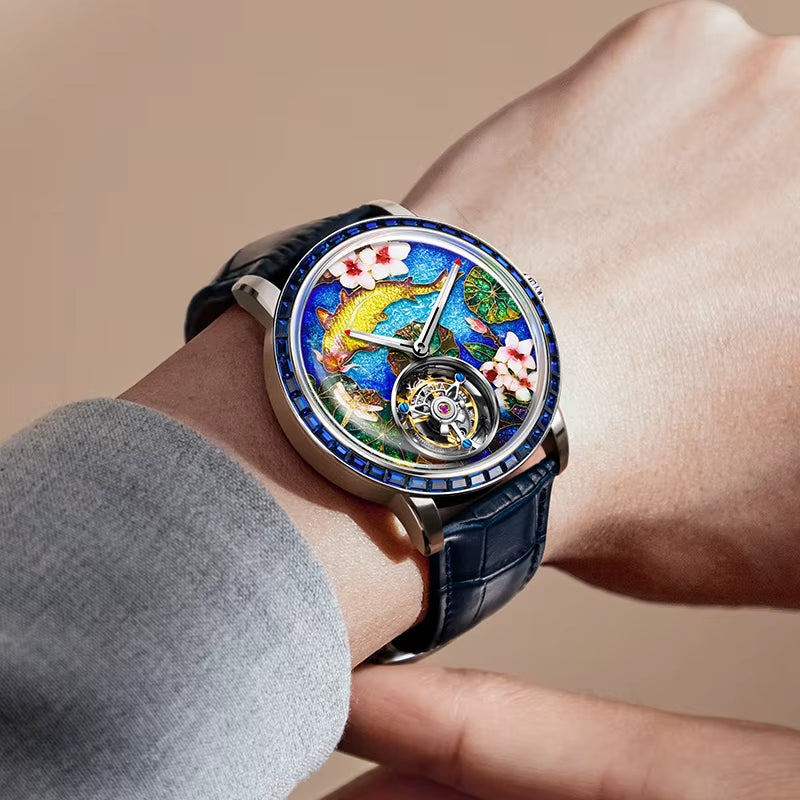 HAOFA Luxury Flying Tourbillon Mechanical Mens Watch Intangsible Heritage Enamel Oriental Colored Zircon Bezel Watches Man 2261