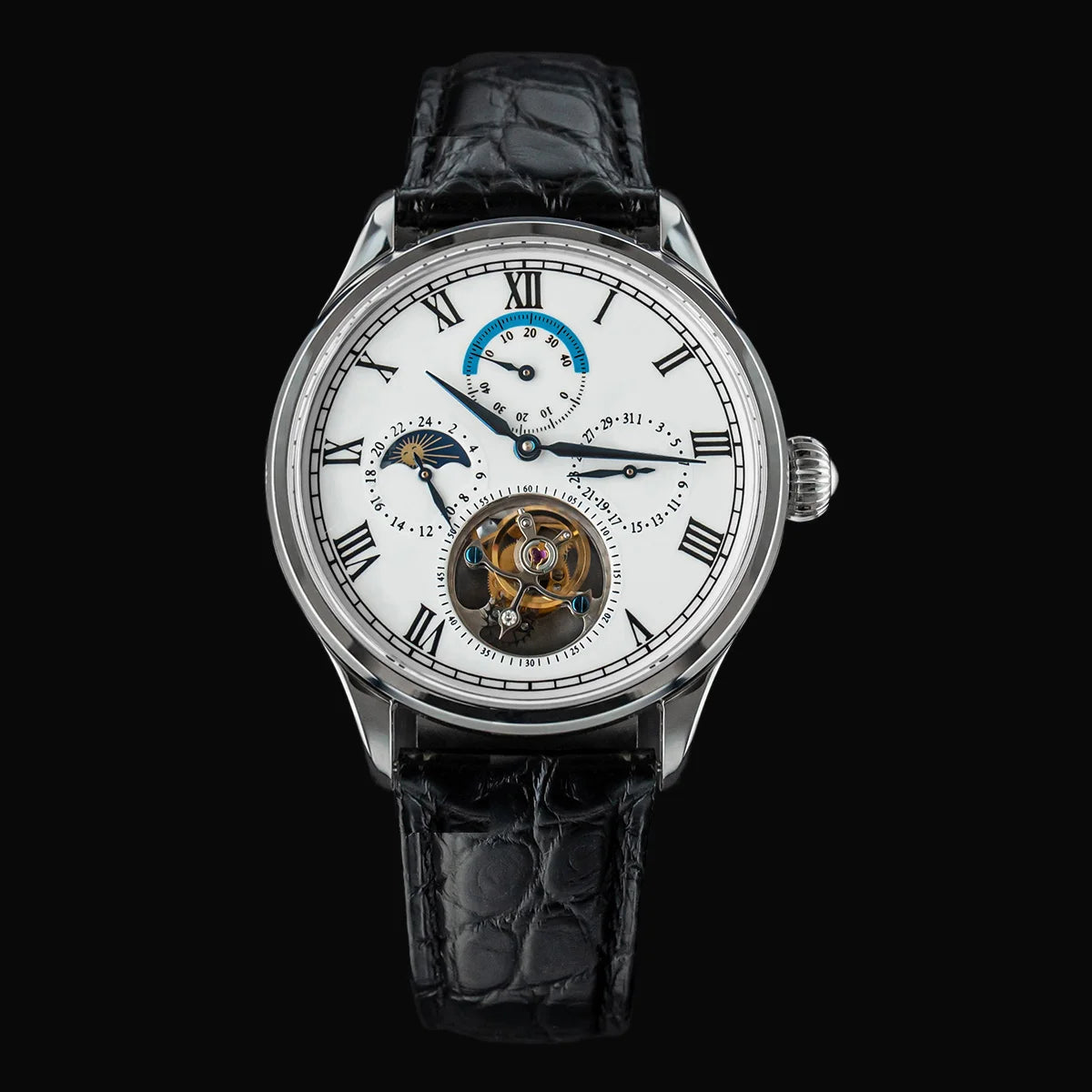 Men Luxury Tourbillon Watch Original ST8007 Movement Mechanical Wristwatches Crocodile Leather Vintage Datephase