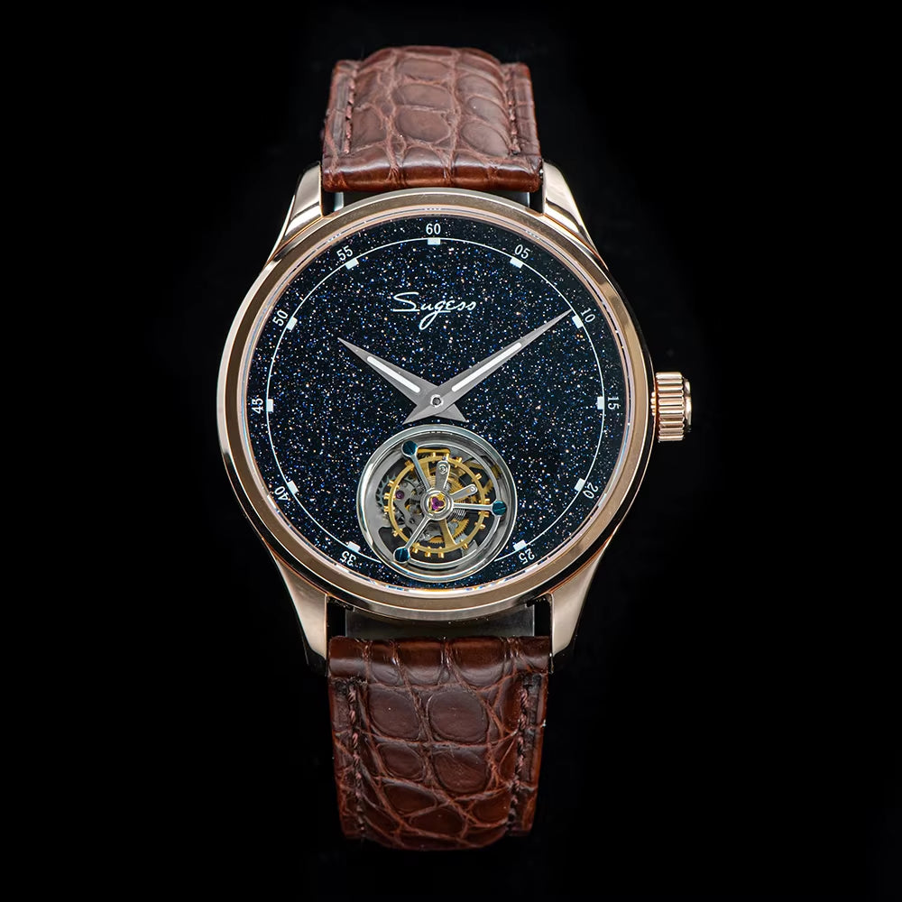2023  Tourbillon Mens Watch Tianjin ST8230 Movement Blue Aventurine Stone Luxury Mechanical Hand Wind Watches Crocodile