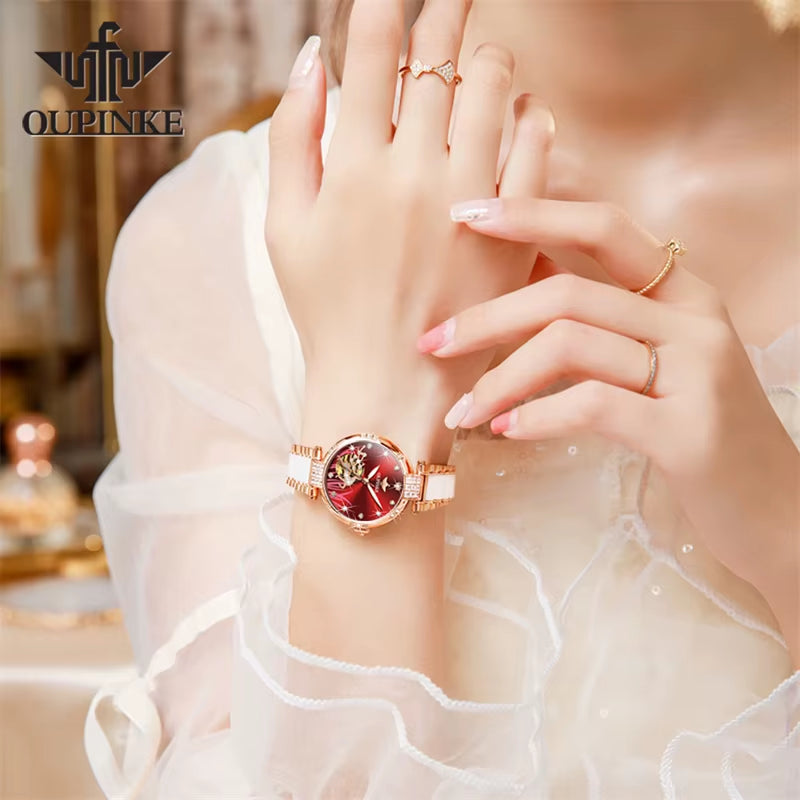 Mechanical Watch for Women Luxury Top Brand Stainless Steel Ceramic Strap Rose Gold Diamond Ladies Watches Reloj Mujer