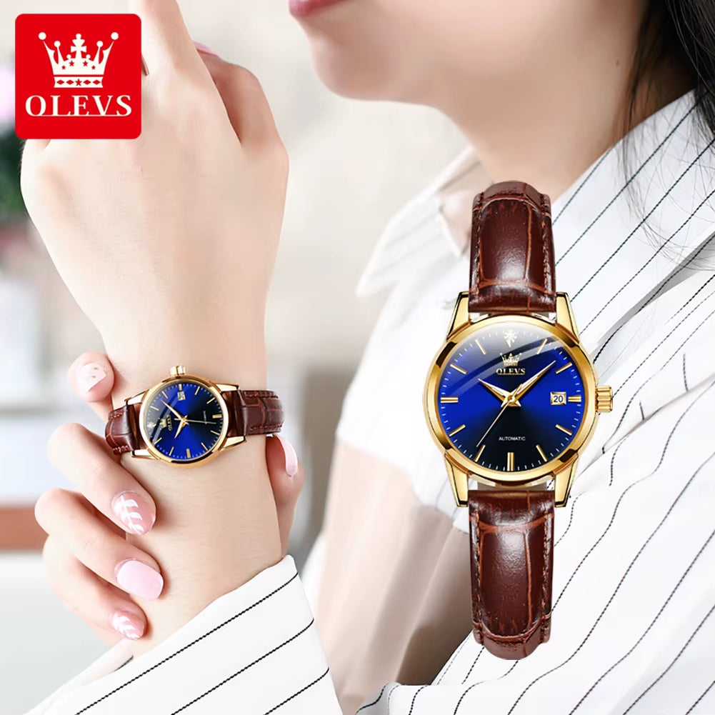 OLVES Original Women Watch Automatic Movement Wristwatches for Women Mechanical Elegant Fashion Watches Leather Strap Waterproof