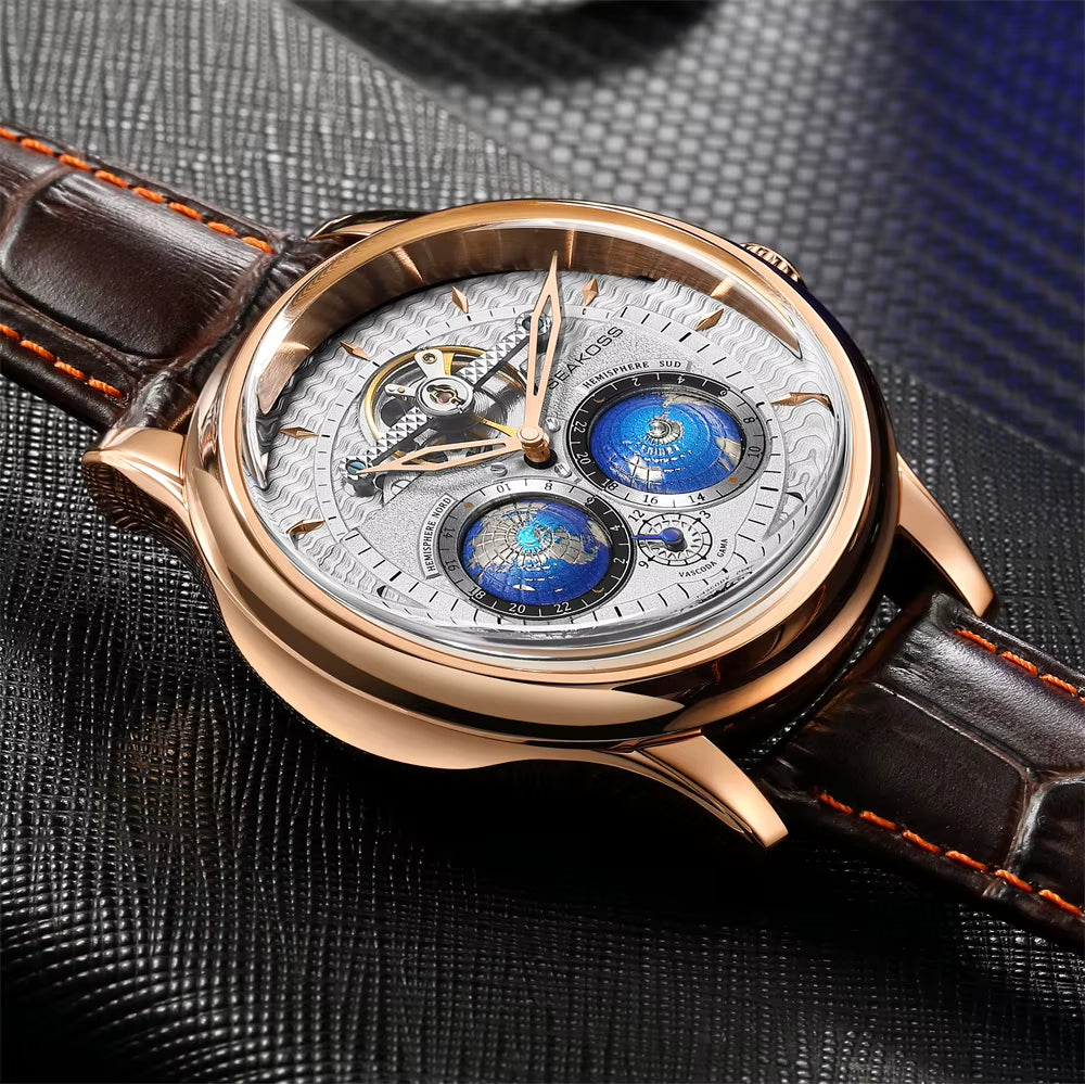 Luxury Double Earth Rotating Men'S Mechanical Watch Automatic Movement Waterproof Clock Pilots Men 1963 Flywheel Watches
