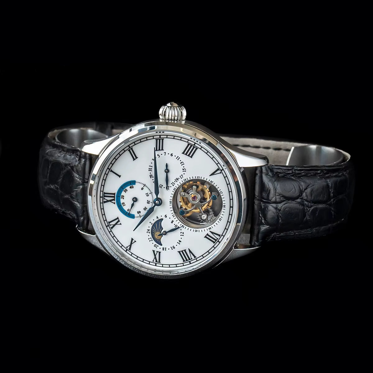 Men Luxury Tourbillon Watch Original ST8007 Movement Mechanical Wristwatches Crocodile Leather Vintage Datephase