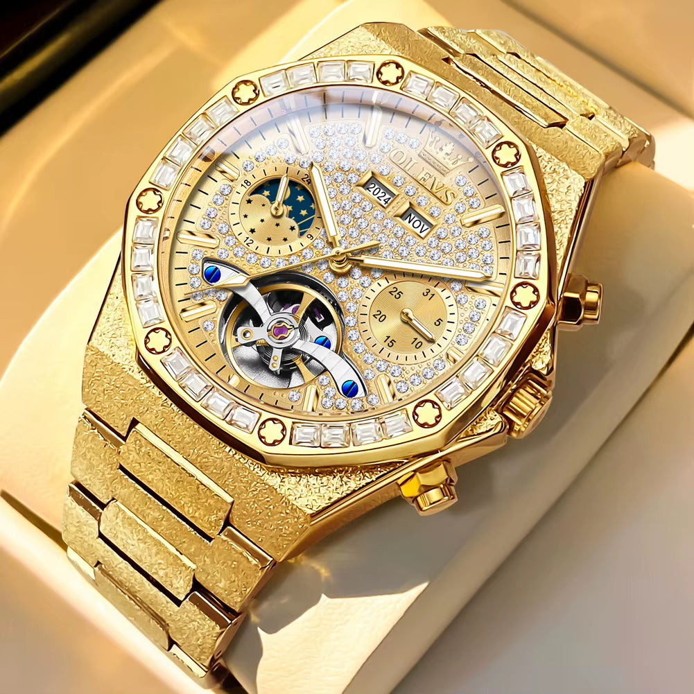 Gold Steel Mens Watches Top Brand Automatic Mechanical Luxury Watch Sport Waterproof Tourbillon Wrist Watch Reloj Hombre