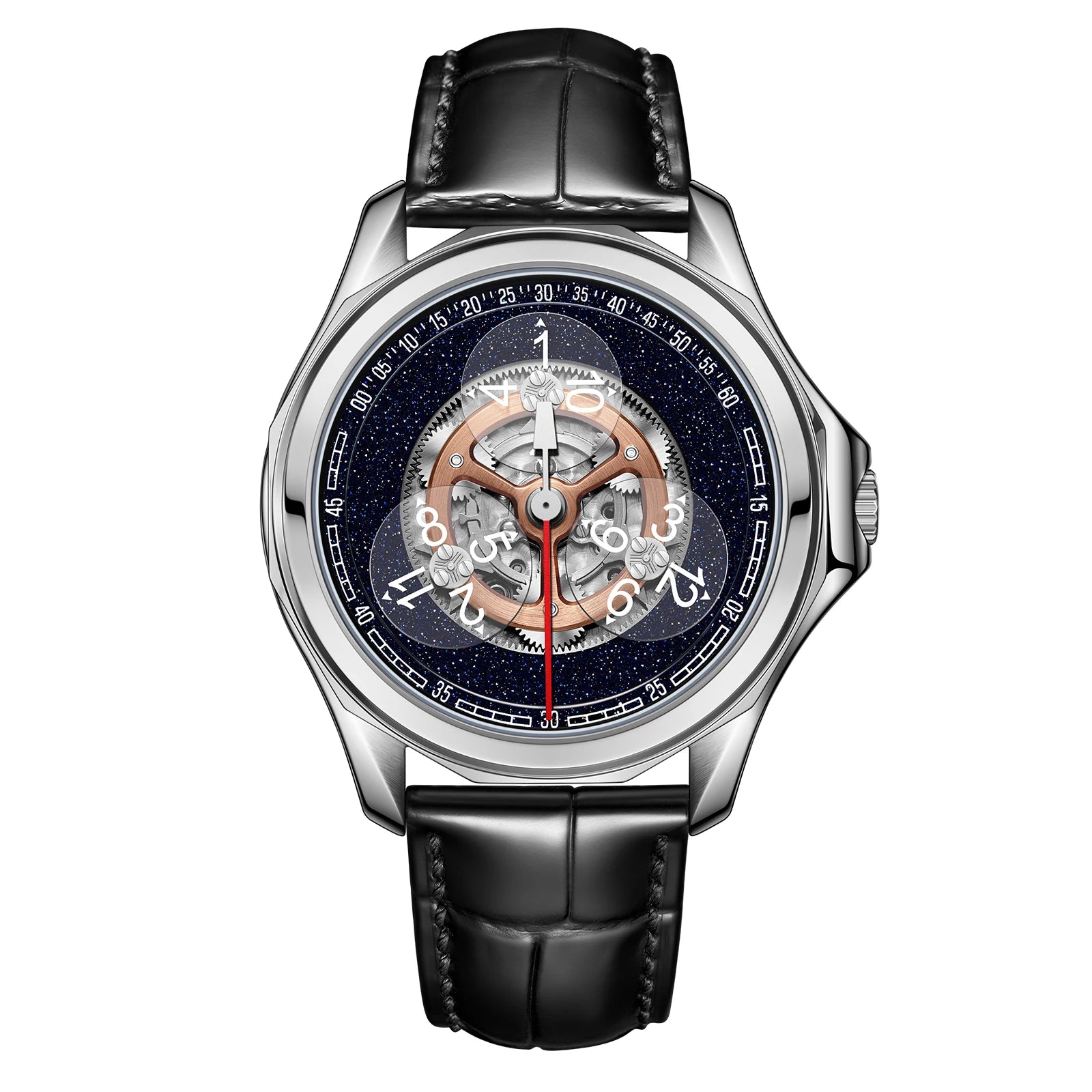 Stars Sapphire Wheel Mechanical Automatic Mens Steel Watch Leather Waterproof Creative Causal Watches