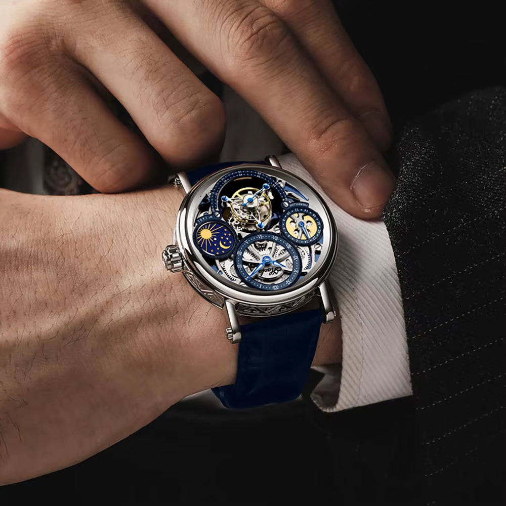 Haofa GMT Skeleton Tourbillon Mechanical Man Watch Manual Movement Luminous Day and Night Watches for Man Luxury 1601