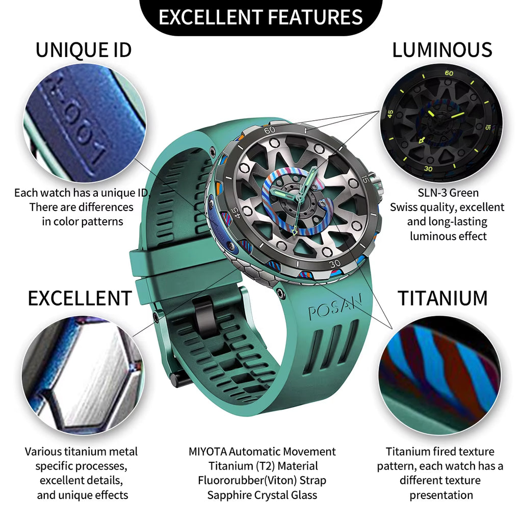 NEW Top Titanium Watch Men Automatic Luxury Timascus Sapphire Glass VITON Strap Unique Sports Watches Men'S Reloj Wristwatch