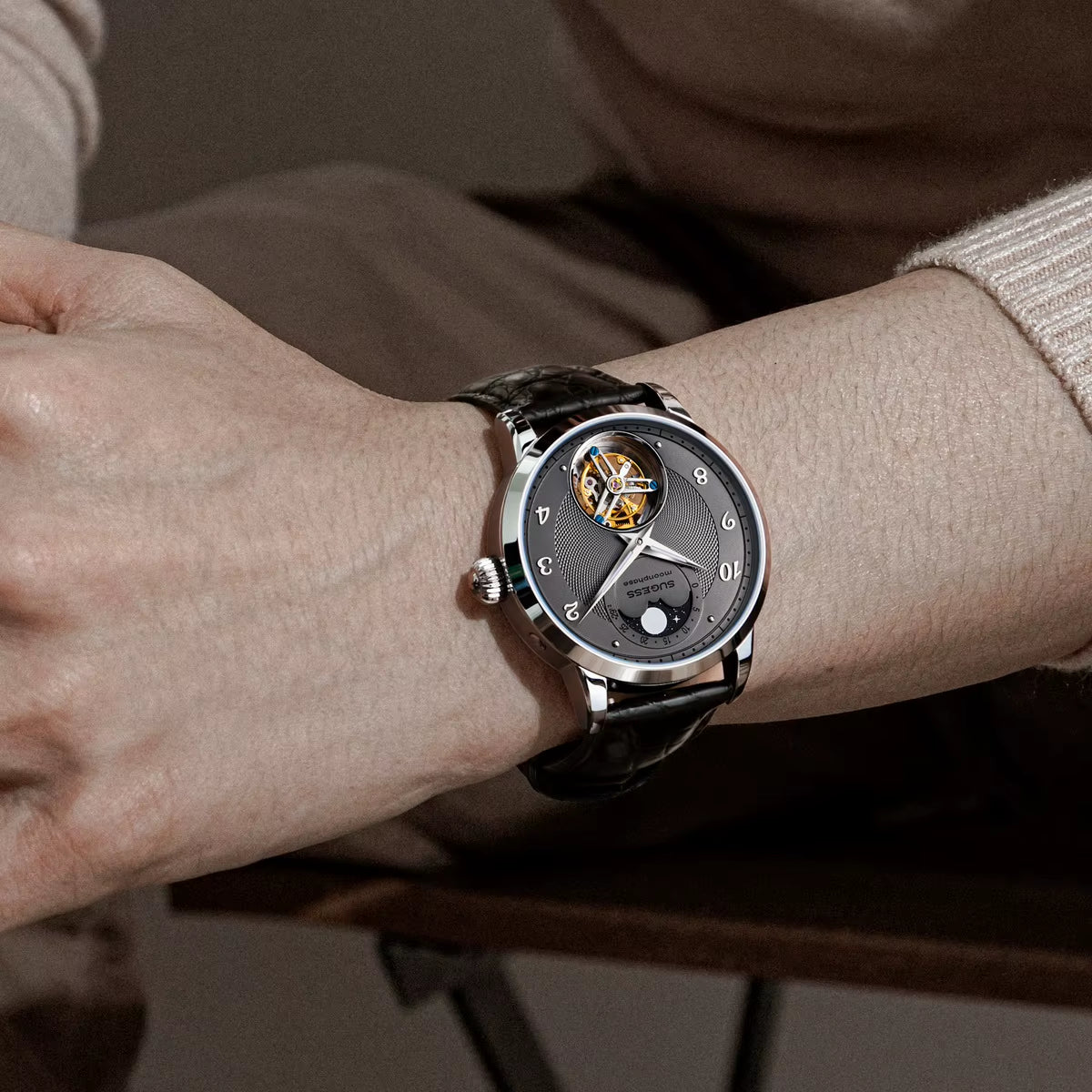 2023  Top Tourbillon Mens Luxury Watch Tianjin ST8235 Movement Mechanical Wristwatches Sapphire Glass Moonphase Luminous