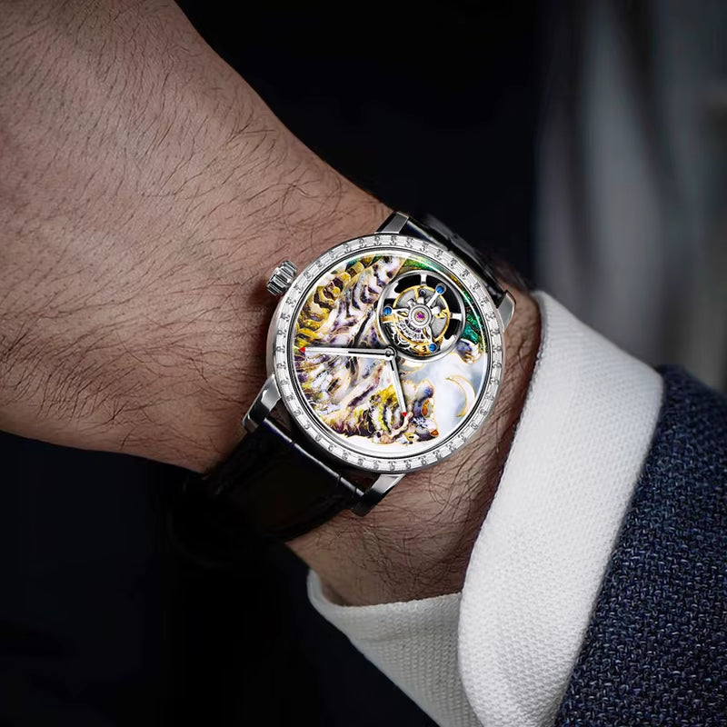 HAOFA Luxury Flying Tourbillon Mechanical Mens Watch Intangsible Heritage Enamel Oriental Colored Zircon Bezel Watches Man 2261