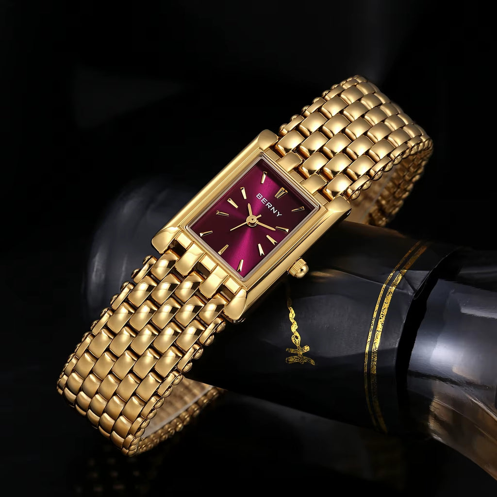 Gold Watch for Women Burgundy Red Fashion Casual Women Watches Stainless Steel Square Luxury Ladies Quartz Wristwatches