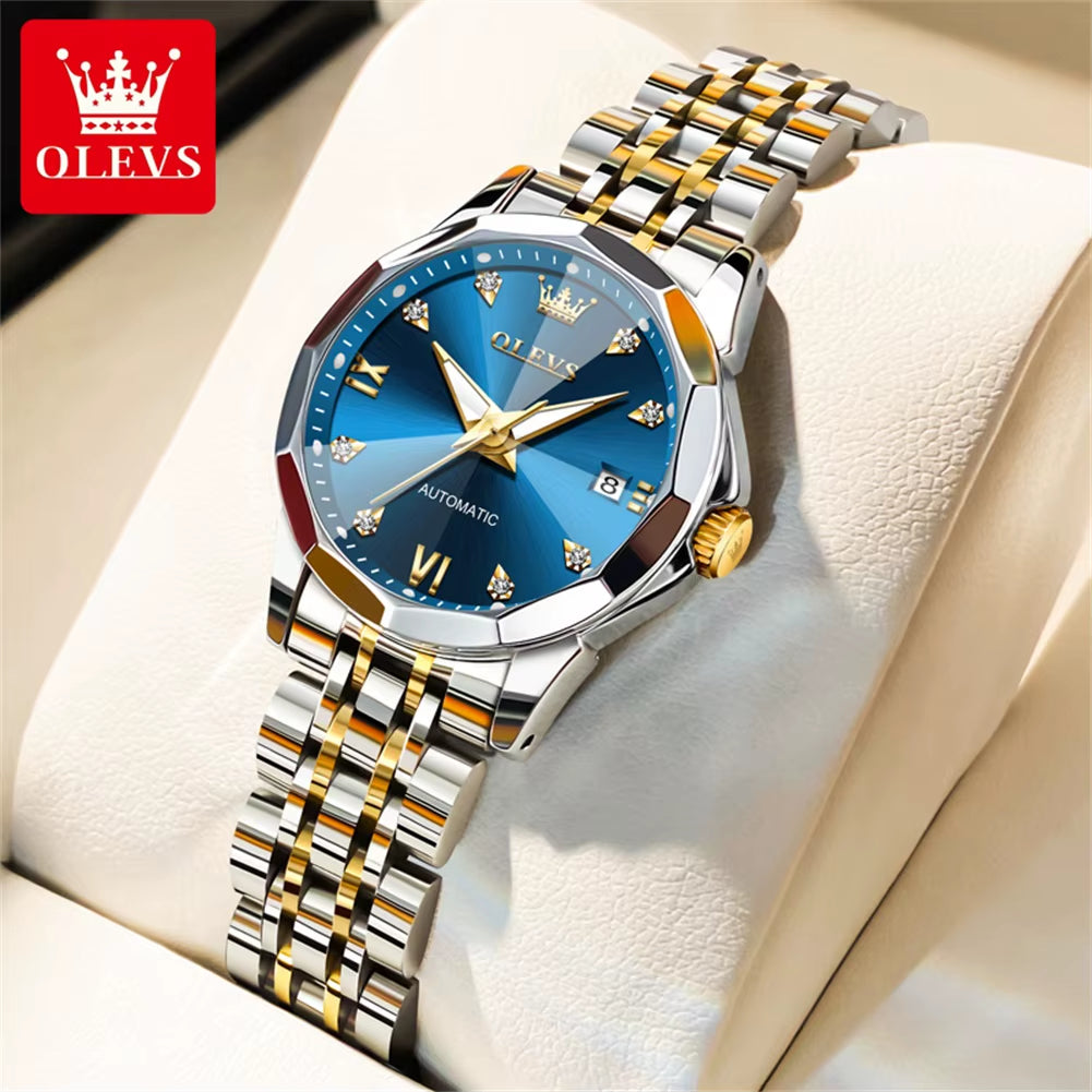 Automatic Watch for Woman 9982 Stainless Steel Mechanical Wristwatch Luxury Brand Waterproof Rhombus Mirror Ladies Watches