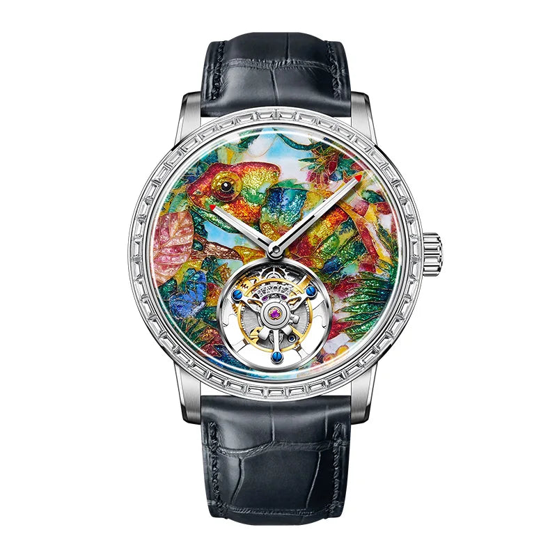 HAOFA Luxury Flying Tourbillon Mechanical Mens Watch Intangsible Heritage Enamel Oriental Colored Zircon Bezel Watches Man 2261