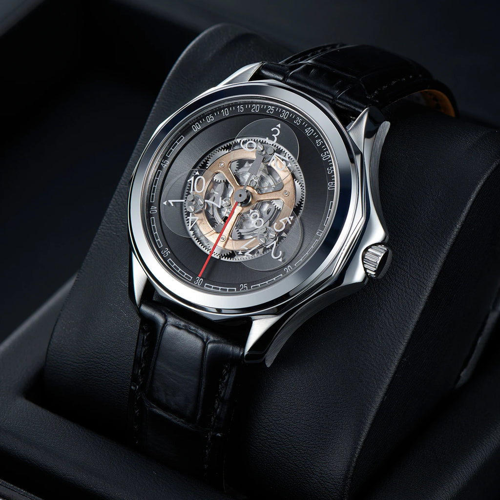 Stars Sapphire Wheel Mechanical Automatic Mens Steel Watch Leather Waterproof Creative Causal Watches