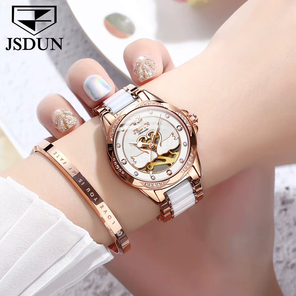 8831 Automatic Mechanical Women Watch Elegant Ceramic Strap Hollow Swan Design Waterproof Ladies' Watches