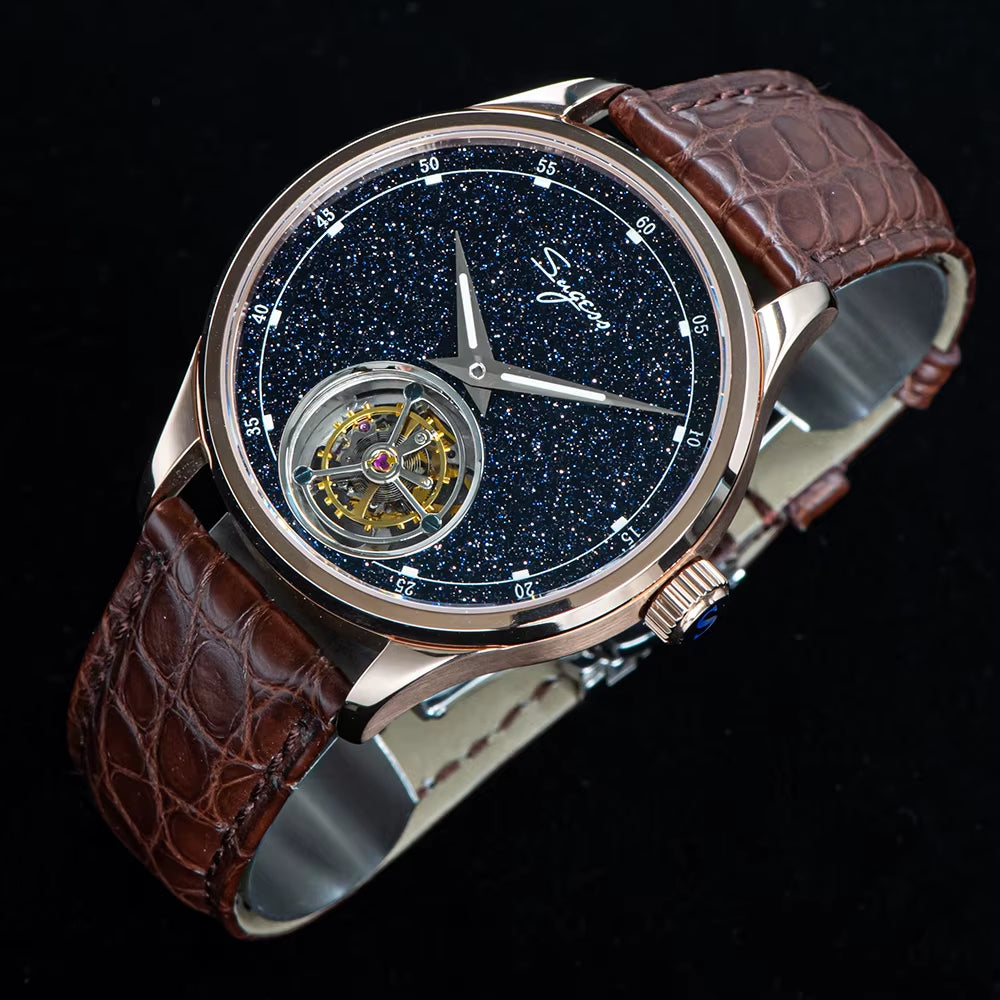2023  Tourbillon Mens Watch Tianjin ST8230 Movement Blue Aventurine Stone Luxury Mechanical Hand Wind Watches Crocodile