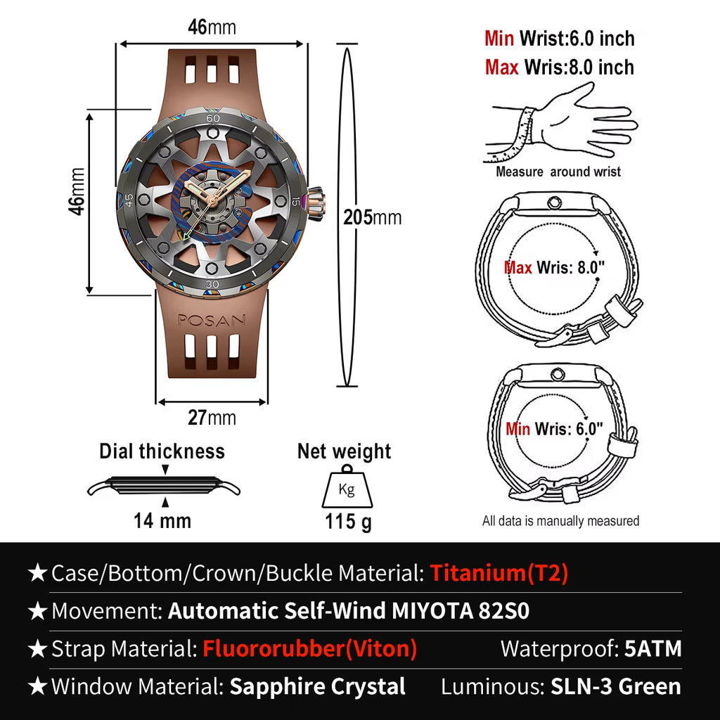 NEW Top Titanium Watch Men Automatic Luxury Timascus Sapphire Glass VITON Strap Unique Sports Watches Men'S Reloj Wristwatch