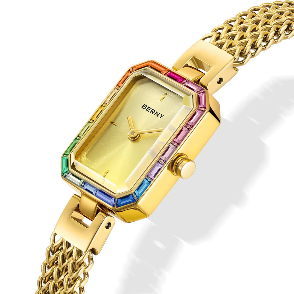 Women Rectangle Wristwatch Gold Quartz Fashion Jewelry Bracelet Set Minimalist Watch Multicolored Stone Ladies Watches