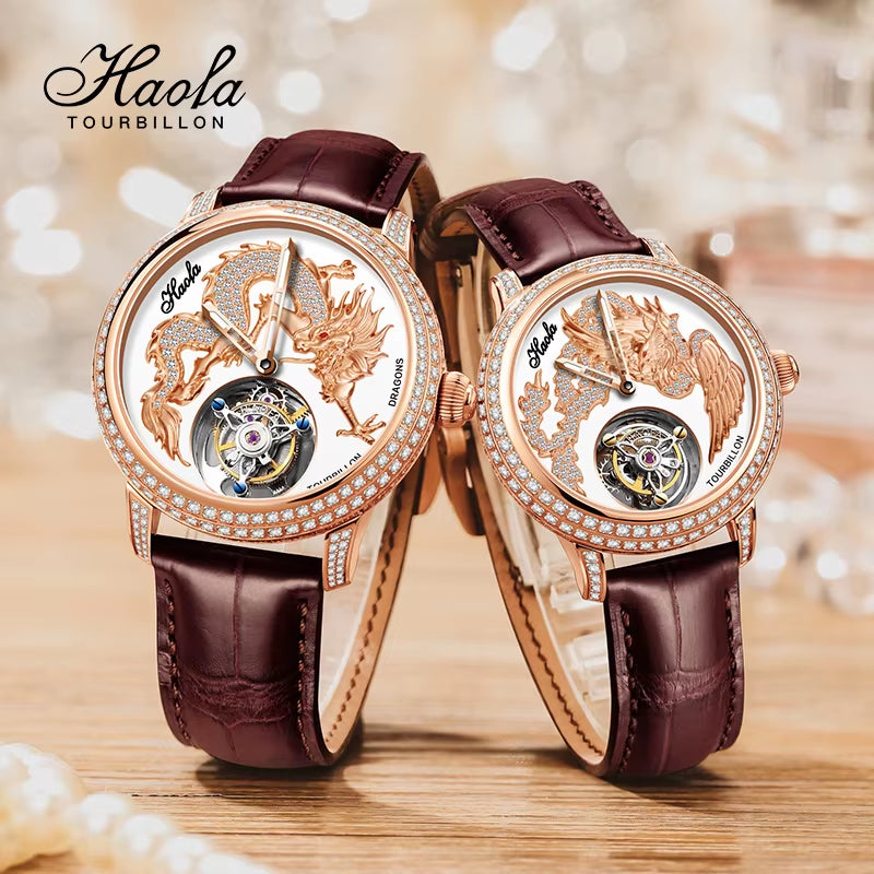 Haofa 3D Zodiac Dragon Manual Flying Tourbillon Mechanical Mens Watch Luxury Couple Sapphire Women Watch 1801