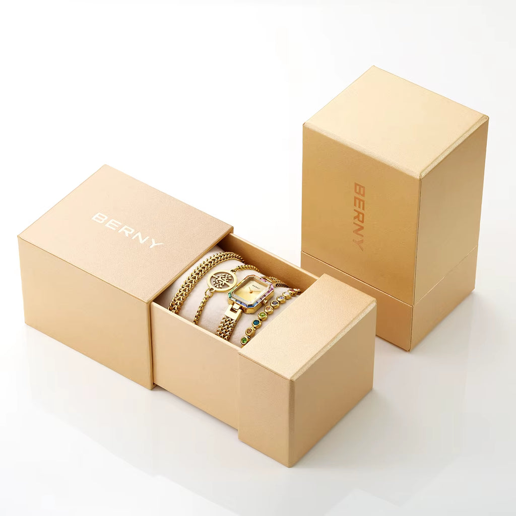 Women Rectangle Wristwatch Gold Quartz Fashion Jewelry Bracelet Set Minimalist Watch Multicolored Stone Ladies Watches