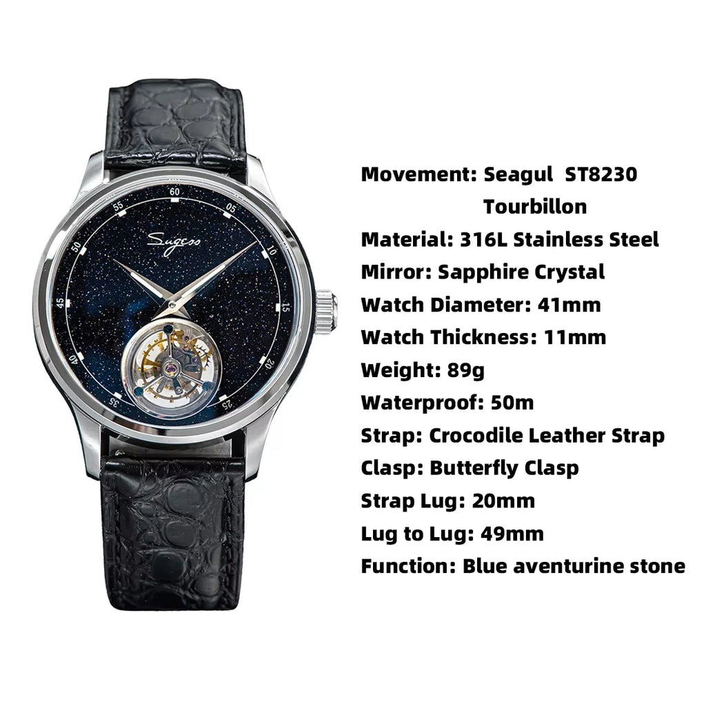 2023  Tourbillon Mens Watch Tianjin ST8230 Movement Blue Aventurine Stone Luxury Mechanical Hand Wind Watches Crocodile