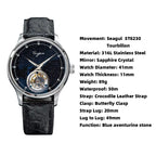 2023  Tourbillon Mens Watch Tianjin ST8230 Movement Blue Aventurine Stone Luxury Mechanical Hand Wind Watches Crocodile