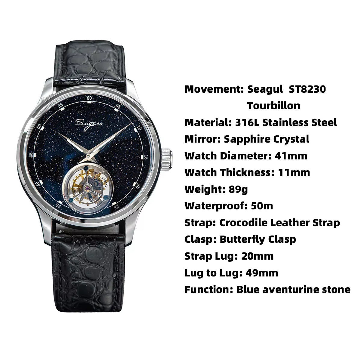 2023  Tourbillon Mens Watch Tianjin ST8230 Movement Blue Aventurine Stone Luxury Mechanical Hand Wind Watches Crocodile