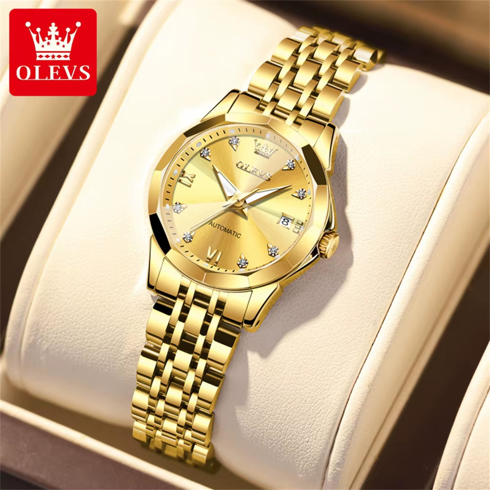 Automatic Watch for Woman 9982 Stainless Steel Mechanical Wristwatch Luxury Brand Waterproof Rhombus Mirror Ladies Watches