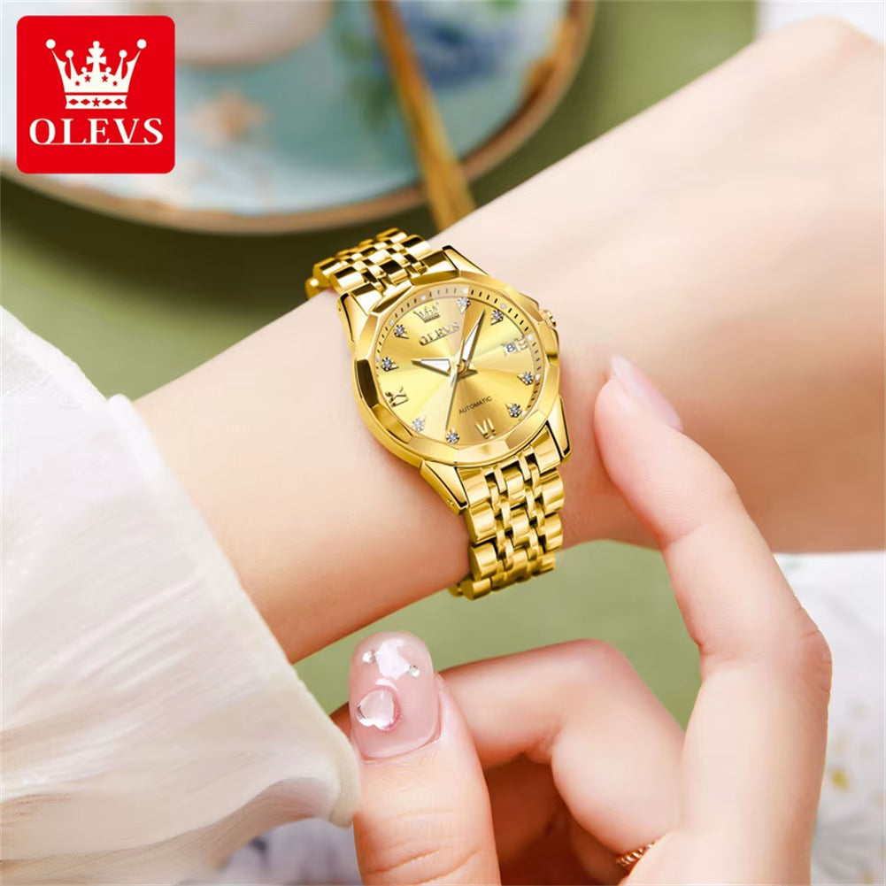 Automatic Watch for Woman 9982 Stainless Steel Mechanical Wristwatch Luxury Brand Waterproof Rhombus Mirror Ladies Watches
