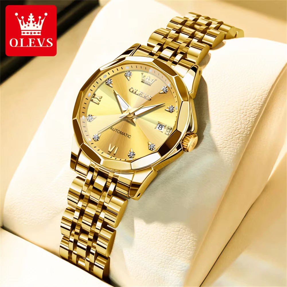 Automatic Watch for Woman 9982 Stainless Steel Mechanical Wristwatch Luxury Brand Waterproof Rhombus Mirror Ladies Watches