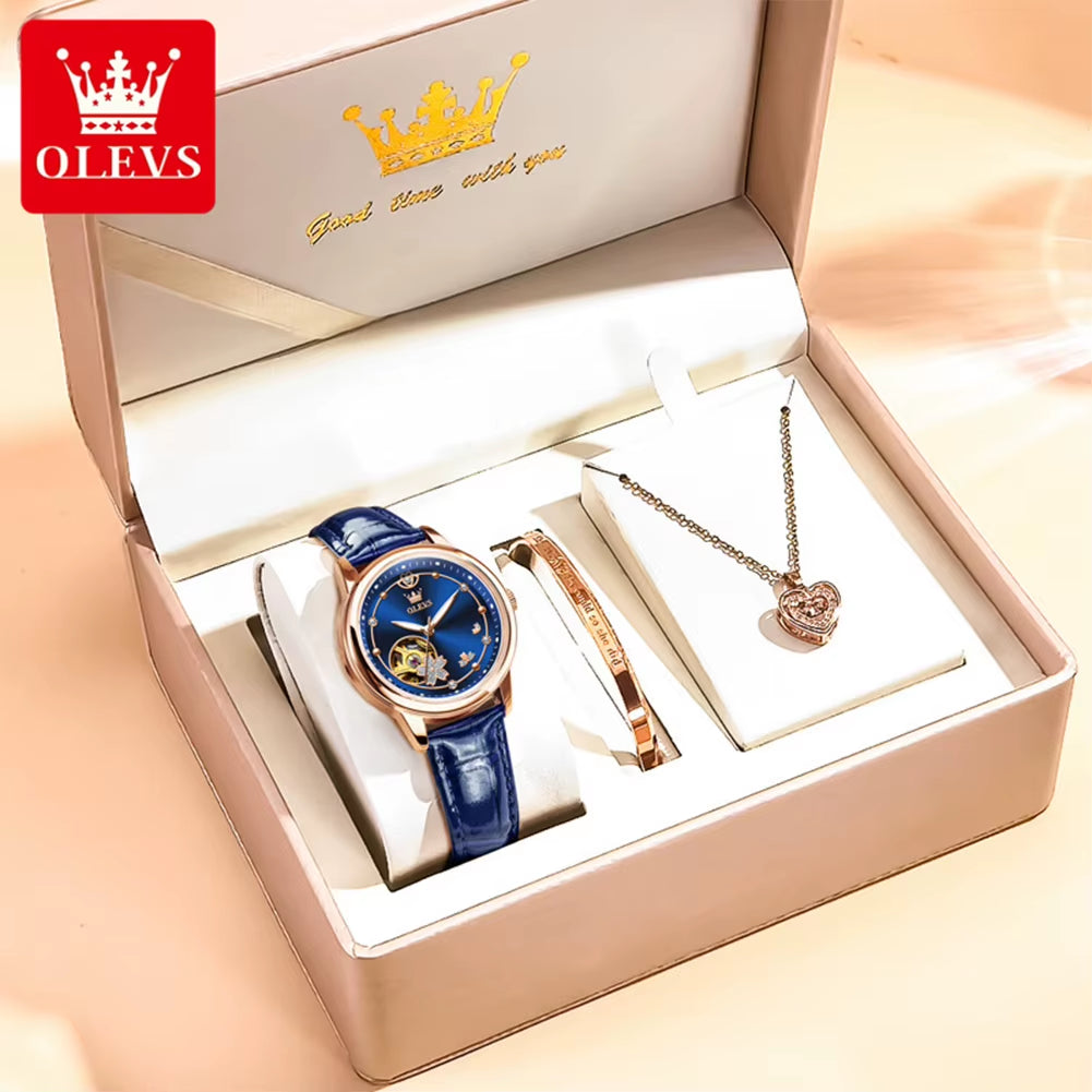 6732 New Womens Watch Original Luxury Skeleton Mechanical Watches Waterproof Luminous Watches for Women Set Bracelet Gift