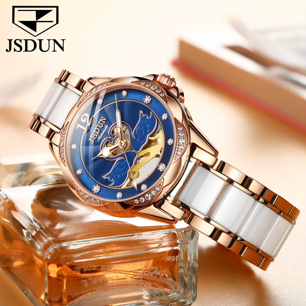 8831 Automatic Mechanical Women Watch Elegant Ceramic Strap Hollow Swan Design Waterproof Ladies' Watches