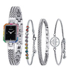 Women Rectangle Wristwatch Gold Quartz Fashion Jewelry Bracelet Set Minimalist Watch Multicolored Stone Ladies Watches