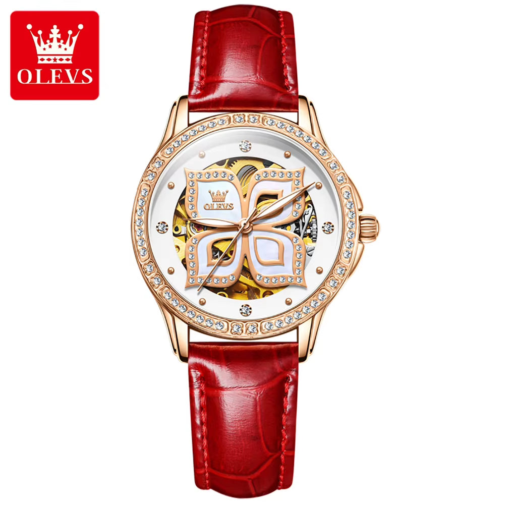 6612 Original Automatic Mechanical Wristwatch for Women Diamond Bezel Hollow Lucky Four Leaf Clover Elegant Ladies Watches