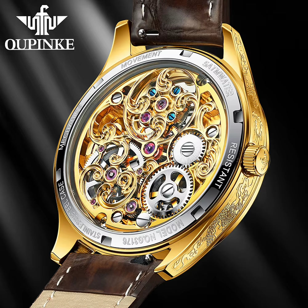 Oupinke 3176 International Brand Automatic Man Watches Wrist Watchchinese Dragon Hollow Luxury High Quality Mechanical Watch