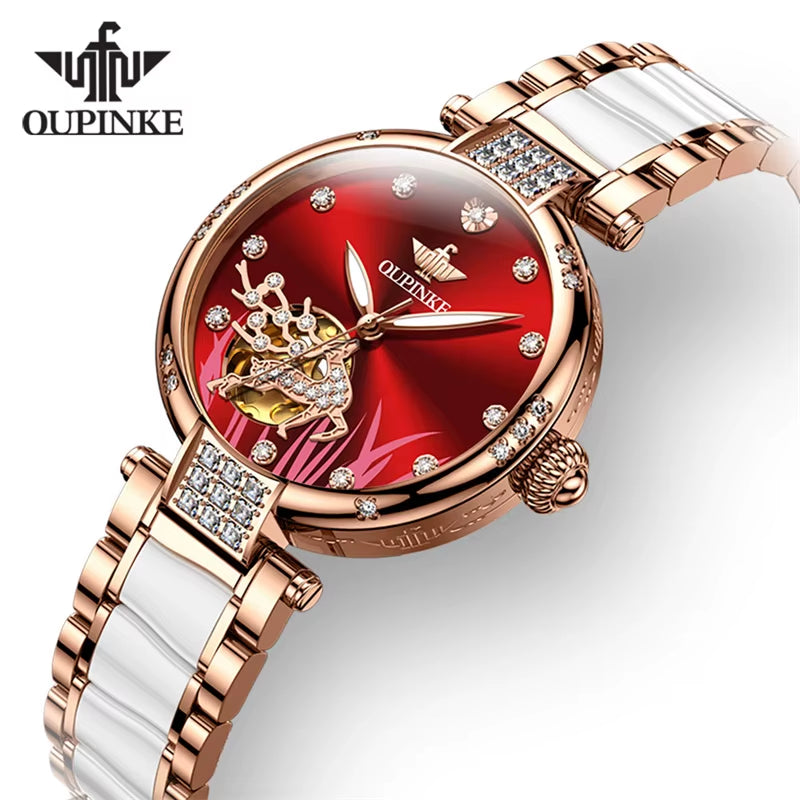 Mechanical Watch for Women Luxury Top Brand Stainless Steel Ceramic Strap Rose Gold Diamond Ladies Watches Reloj Mujer