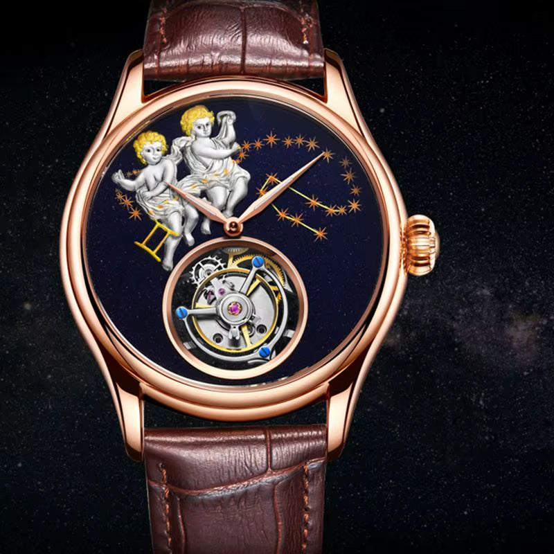 Real Tourbillon Watch for Men Mechanical Movement Mens Watches Brand Luxury Skeleton Clock Gemini Relogio Masculino