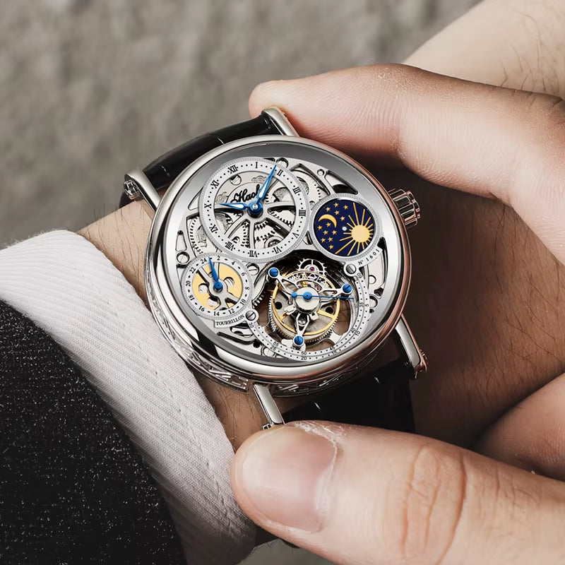 Haofa GMT Skeleton Tourbillon Mechanical Man Watch Manual Movement Luminous Day and Night Watches for Man Luxury 1601