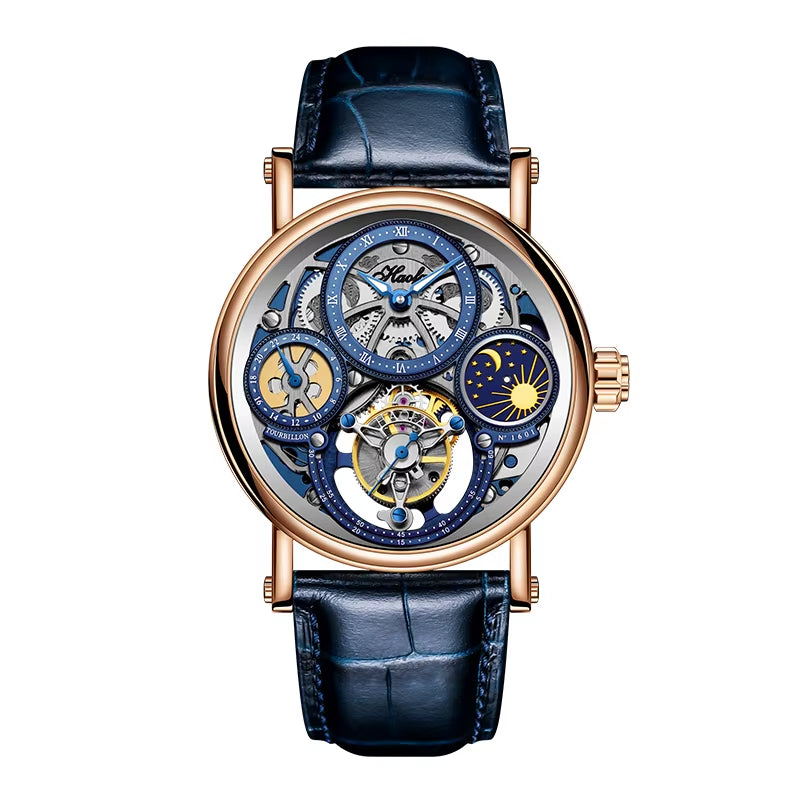 Haofa GMT Skeleton Tourbillon Mechanical Man Watch Manual Movement Luminous Day and Night Watches for Man Luxury 1601