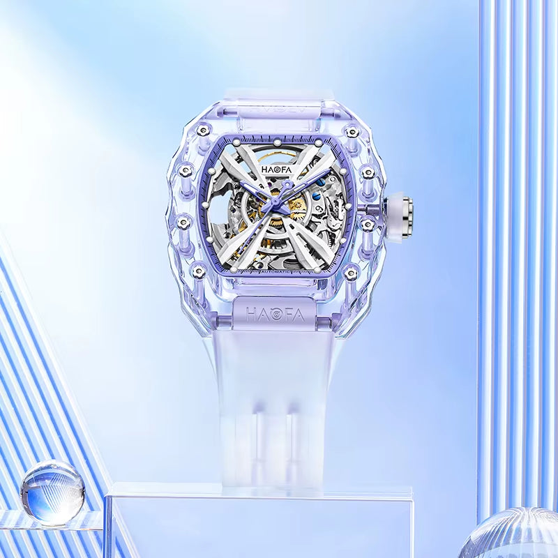 Haofa Crystal Automatic Mechanical Watch for Women Transparent Movement Hollow Luminous Luxury Ladies Watch 2302