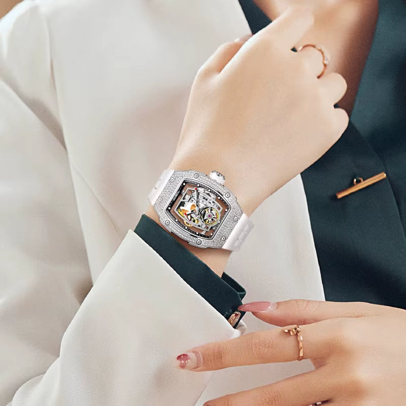 Haofa Ladies Watch Kangaroo Automatic Movement Luminous Diamond Hollow Skeleton Straight in Fashion Women Luxury Wristwatch 1992