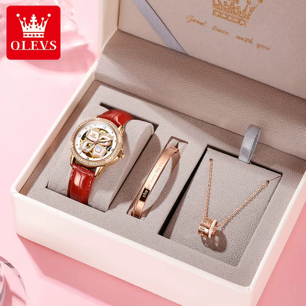 6612 Original Automatic Mechanical Wristwatch for Women Diamond Bezel Hollow Lucky Four Leaf Clover Elegant Ladies Watches