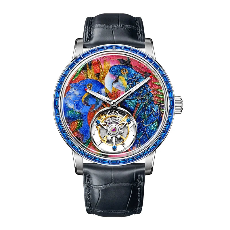HAOFA Luxury Flying Tourbillon Mechanical Mens Watch Intangsible Heritage Enamel Oriental Colored Zircon Bezel Watches Man 2261