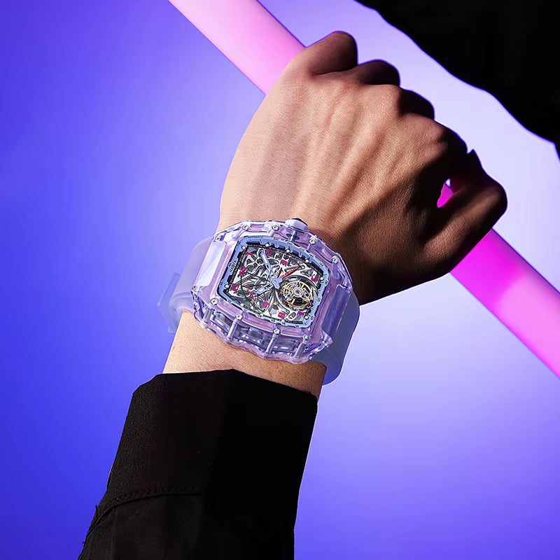 Haofa Automatic Tourbillon Mechanical Man Watch Luxury Skeleton Flying Tourbillon Crystal Case Waterproof Watches for Man 2210