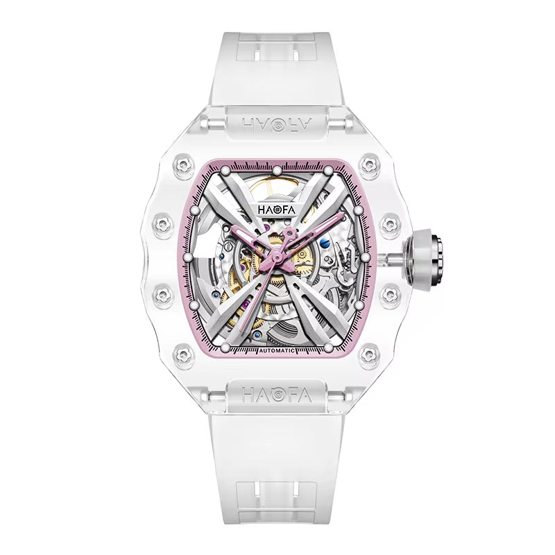Haofa Crystal Automatic Mechanical Watch for Women Transparent Movement Hollow Luminous Luxury Ladies Watch 2302