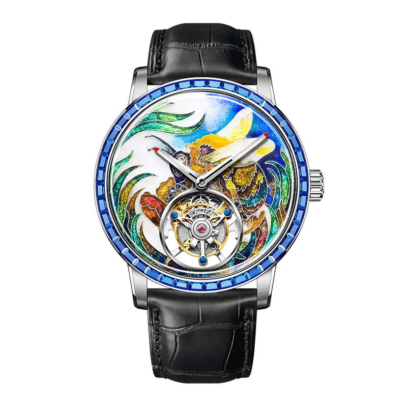 HAOFA Luxury Flying Tourbillon Mechanical Mens Watch Intangsible Heritage Enamel Oriental Colored Zircon Bezel Watches Man 2261