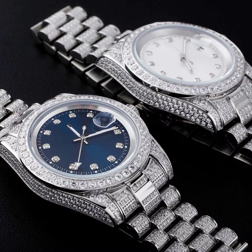 Fashion Bling Watches Quartz HIP HOP Watches with Micro Pave Iced Out Cubic Zirconia Stainless Steel Watches Clock for Gift