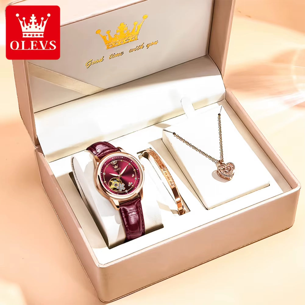 6732 New Womens Watch Original Luxury Skeleton Mechanical Watches Waterproof Luminous Watches for Women Set Bracelet Gift